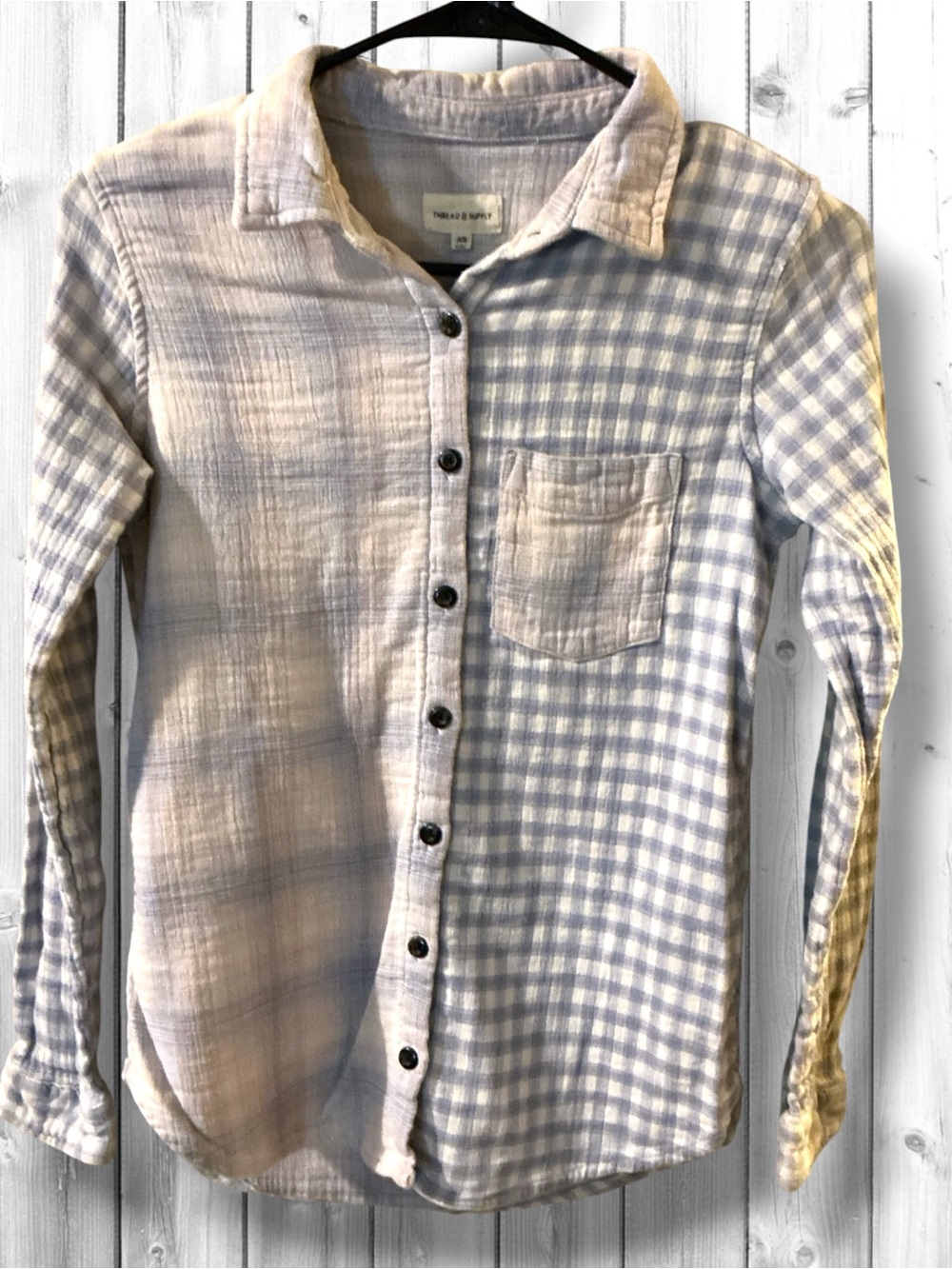 🌷Thread & Supply Light Blue and Pink Gingham Button-Down Shirt
